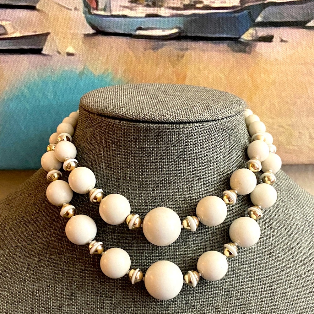 Vintage JAPAN 2 Strand White Lucite and Silver Beaded Necklace